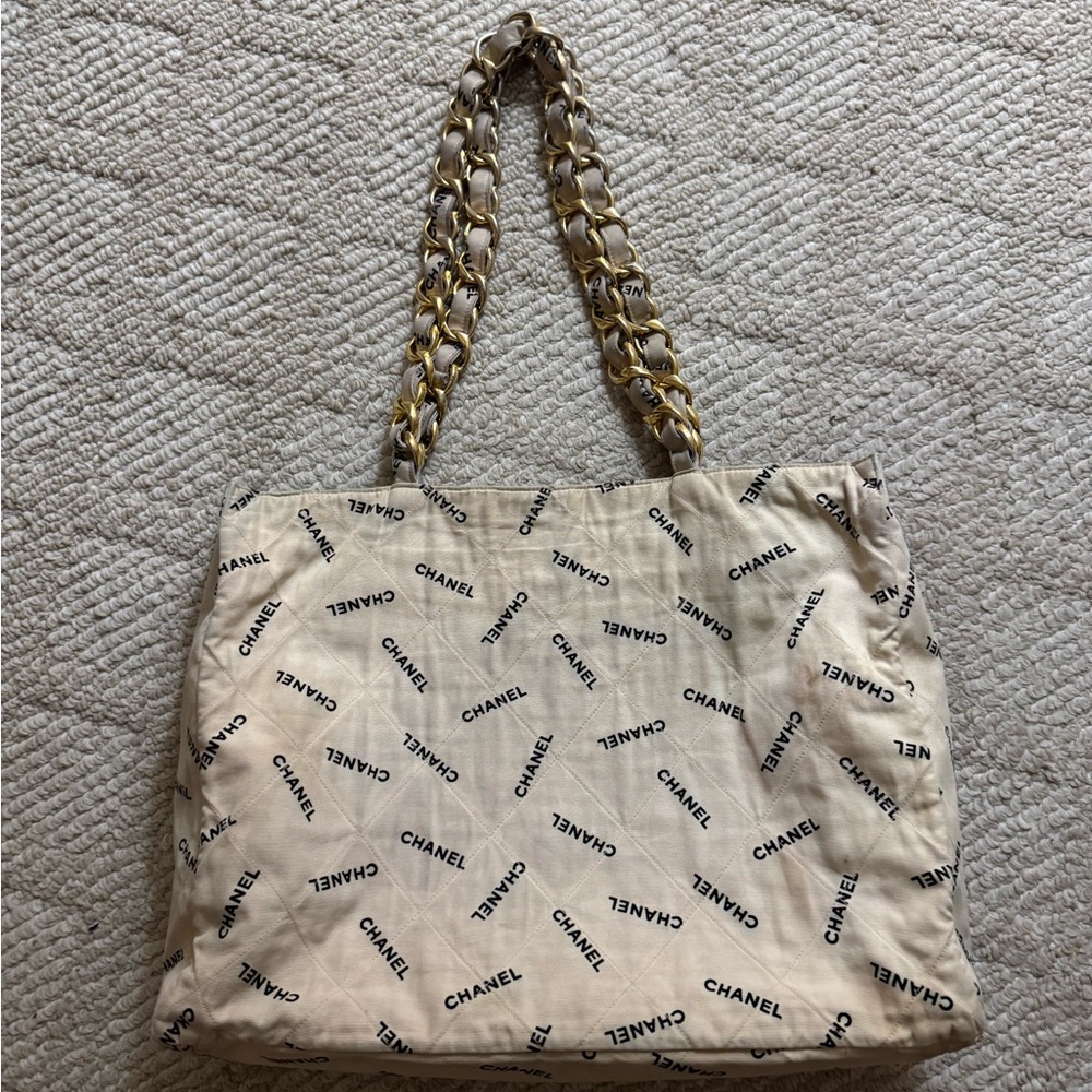 Chanel Beige Tote with Gold Chain Accents